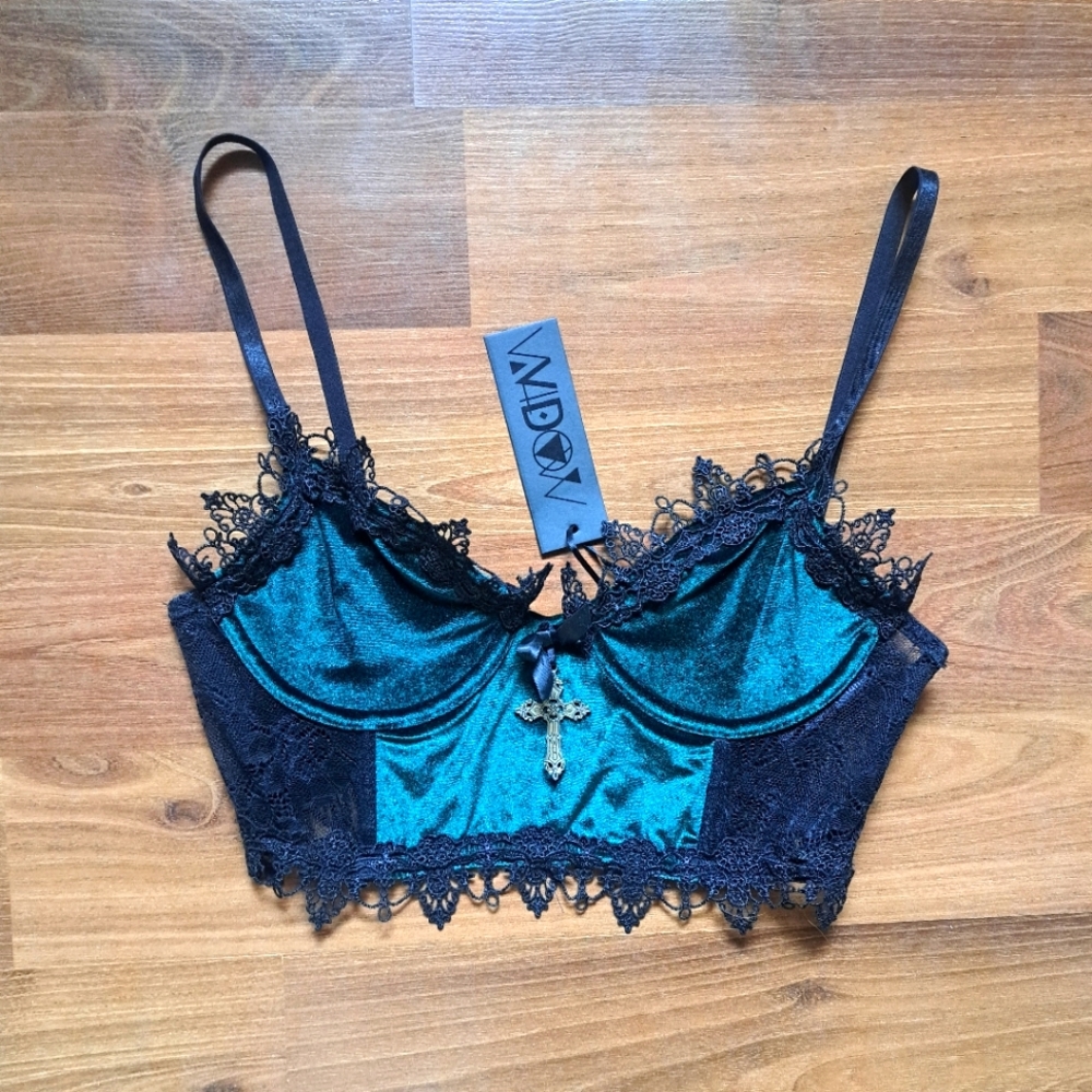 Green Forest Elf Fairy Ivy Velvet Lace Bustier Bodice Bralette Gothic Goth Top - Picture 1 of 4